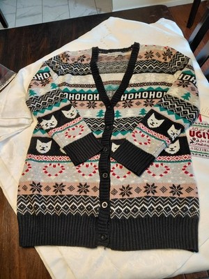 Absolutely Famous Women's Ugly Christmas Sweater Cardigan Cat Snowflakes MED NWT