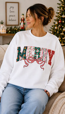 Merry Christmas Sweatshirt Holiday Bow Crewneck Gildan 18000