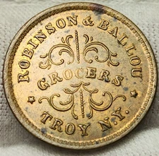 Brass 1863 Civil War Token Robinson & Ballou Grocers, Troy, N.Y. - CWT-61