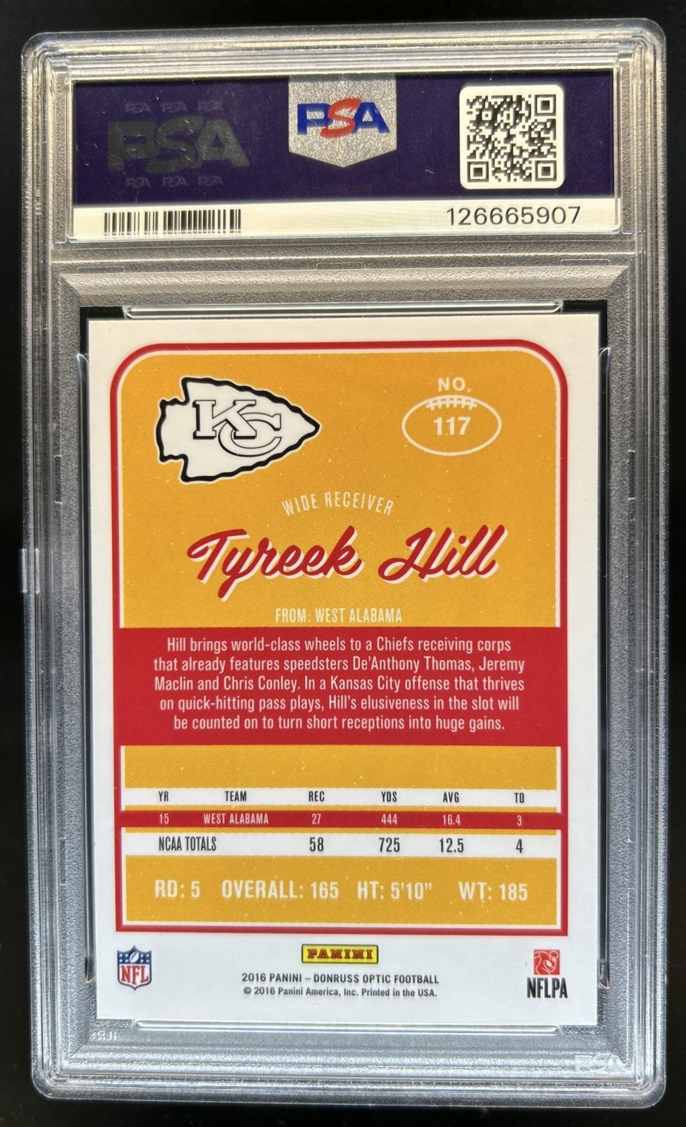 2016 Panini Donruss Optic Tyreek Hill RC Rookie #117 Chiefs PSA 9 view 2