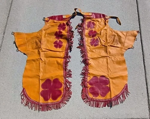 Vintage Custom Leather Rodeo Worn Western Cowboy Chaps Fringed Adjustable