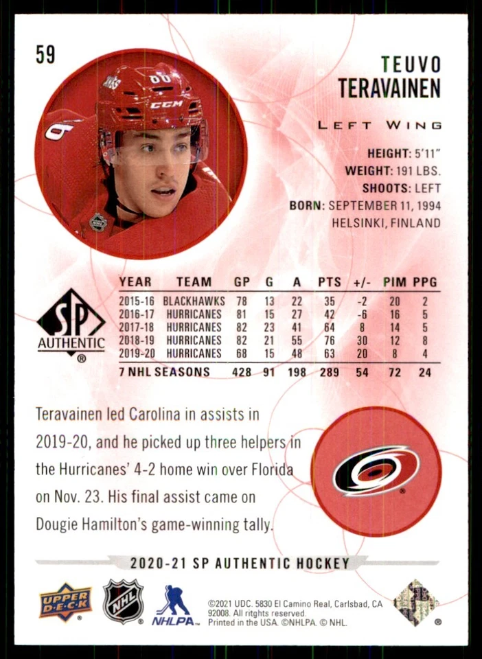 2020-21 SP Authentic Limited Teuvo Teravainen #59 - Image 2 of 2