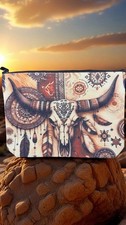 Boho Western /Aztec Inspired Geometric Print Makeup - Cosmetic Bag, Bull Skull