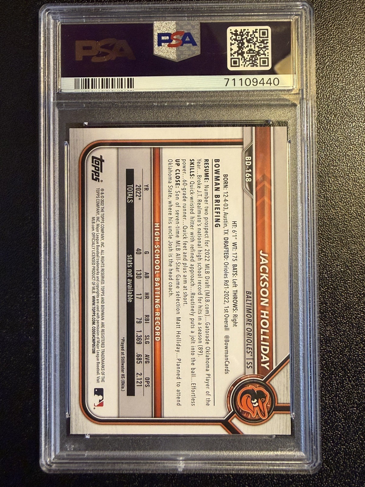2022 Bowman Draft #BD168 Jackson Holliday Baltimore Orioles RC Rookie PSA 9 view 2