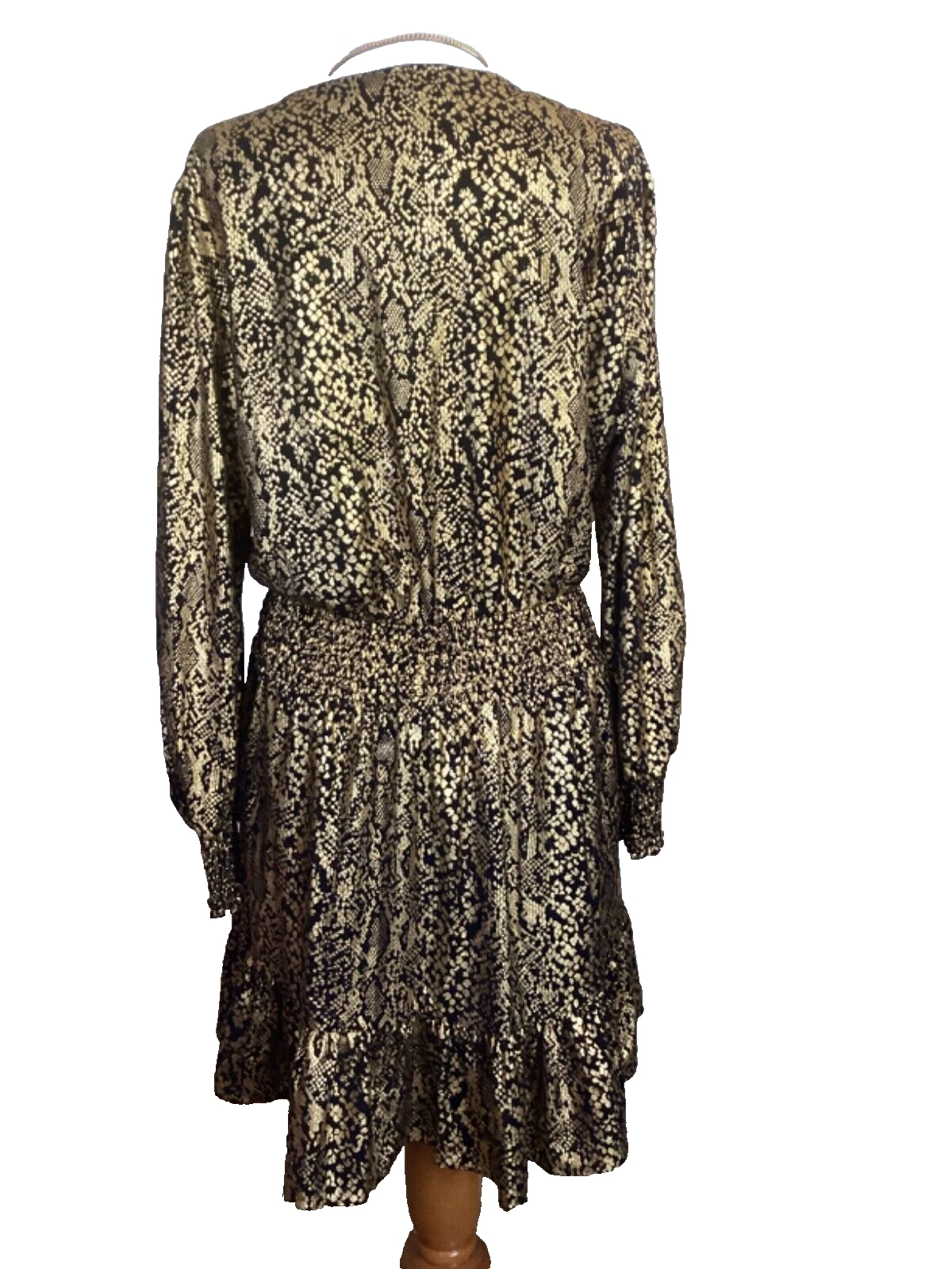 ABITO DA COCKTAIL MICHAEL KORS NERO E ORO LAMINA METALLICA STAMPA SERPENTE RUFFLE TAGLIA XL