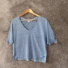 Melrose and Market Shirt Womens Medium Blue Striped Short Sleeve V-Neck Pullover