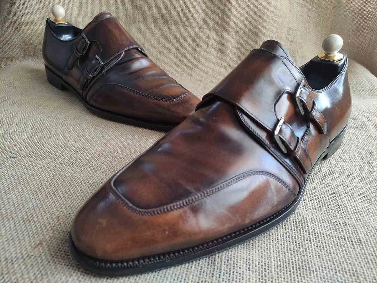 Salvatore Ferragamo Brown Leather Double Monk Strap Shoes Size US 12 EE UK 11