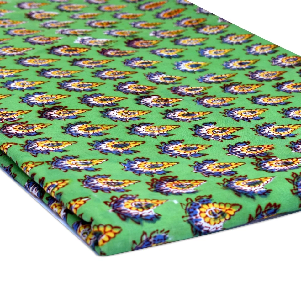 10 Yards Floral Block Printed Green Color Handmade Light Weight Cotton Fabric - Image 3 of 4