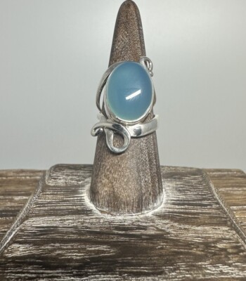 Handwerklich handgefertigter 925 Sterlingsilber Aqua Chalzedon Modernist Ring Größe 6,5