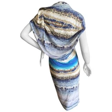 ALEXANDER MCQUEEN AGATE PRINT LOW CUT W/ BACK DRAPED CAPE DRESS. Sz. S. 