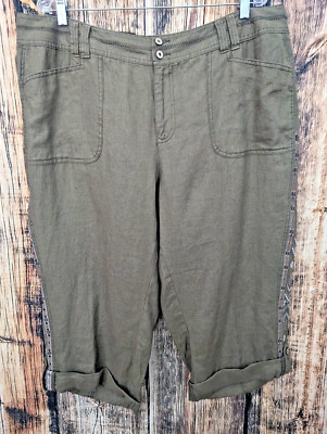 INC 100% Linen Crop Pants Womens 18W Khaki Green Cargo Cuffed Bohemian Aztec NWT