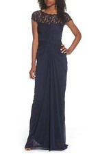 Adrianna Papell Lace Yoke Drape Gown Sz 10 Navy