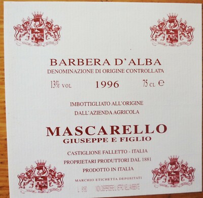 Wine label ITALY MASCARELLO G & F Barbera d'Alba 1996 