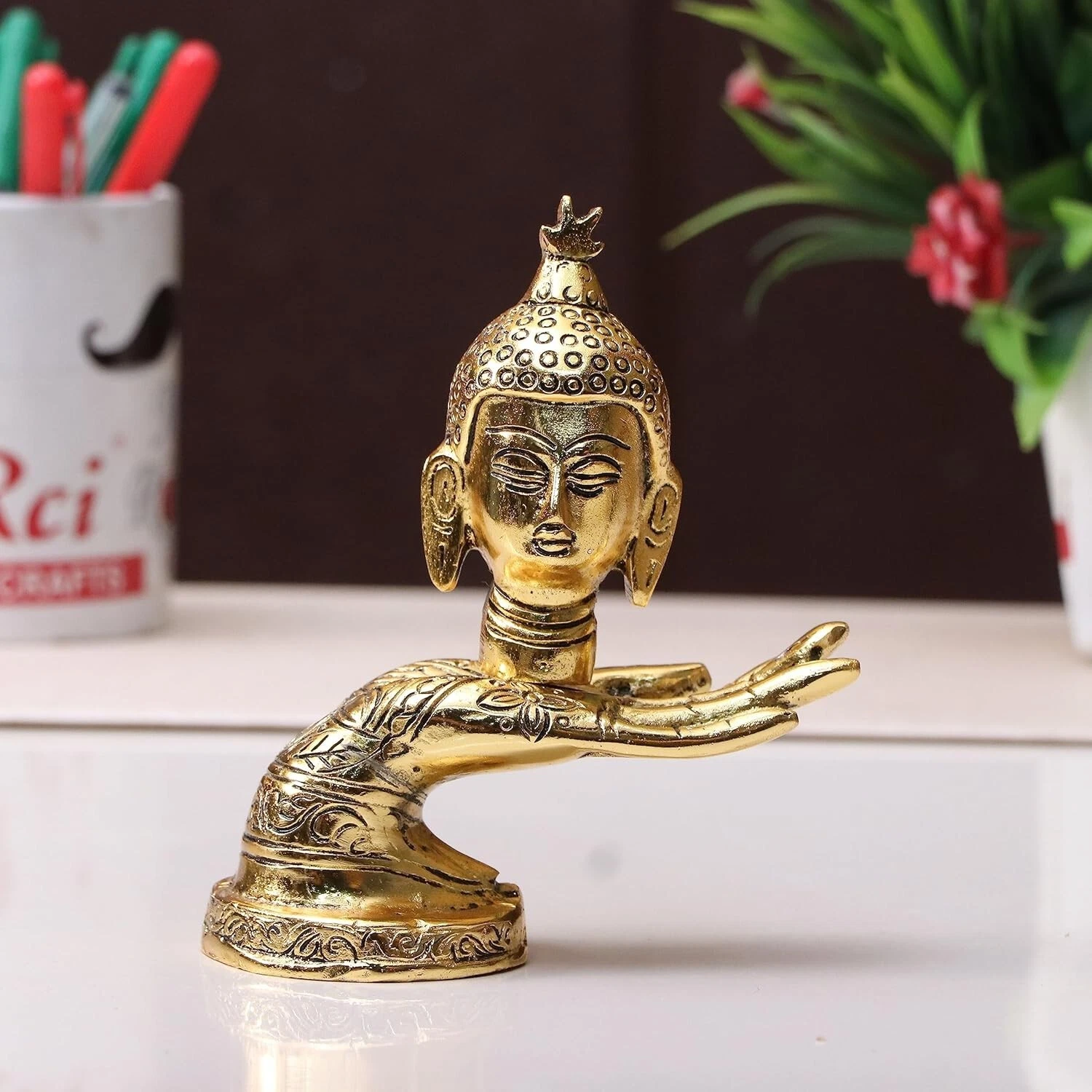 Scultura In Metallo Della Faccia Di Lord Buddha Su Mano Statua Idolo Figurina