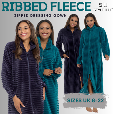 Ladies Womens Ribbed Fleece Dressing Gown Zipped Super Soft Cosy Nightwear  | eBay