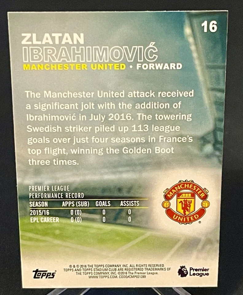 2016 Topps Stadium Club Premier League ZLATAN IBRAHIMOVIC RC Rookie - Image 2 of 2