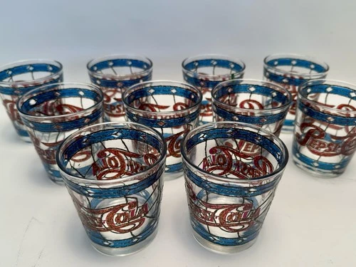 10 Vintage 1970s Pepsi-Cola Tiffany Stained Glass Style Tumblers Set of 10