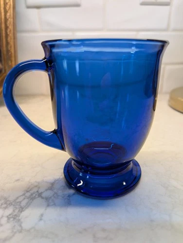 Anchor Hocking - Cobalt Blue Glass - Footed Pedestal Coffee Cup Mug Set Of THREE