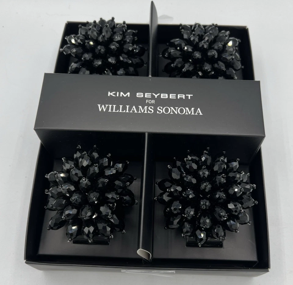 Williams Sonoma Kim Seybert Black Zinnia Napkin Rings Glass Beads Set of 4