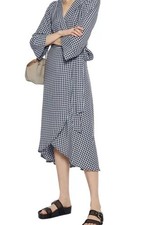 Ganni Designer Wrap Midi Dress Check Gingham Blue Black Size EU38 UK10/12 
