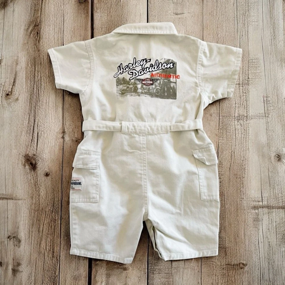 Harley-Davidson Baby 24M Romper Beige Coverall Mechanic Style Embroidered Logo - Image 2 of 4