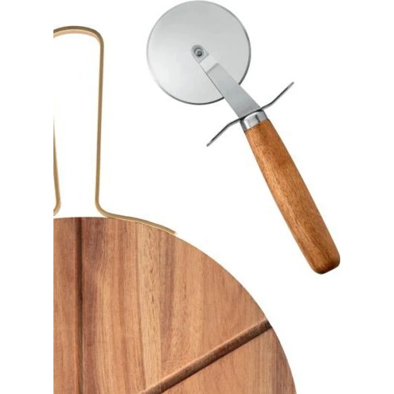 Tagliere Pizza Legno di Acacia 32x43 cm BRANDANI con Manico Rotella Taglia Pizza, fotografia 3 di 9