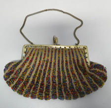 ANTIQUE MULTICOLOUR BEADED LADIES HANDBAG CLAM SHELL EVENING PURSE BAG