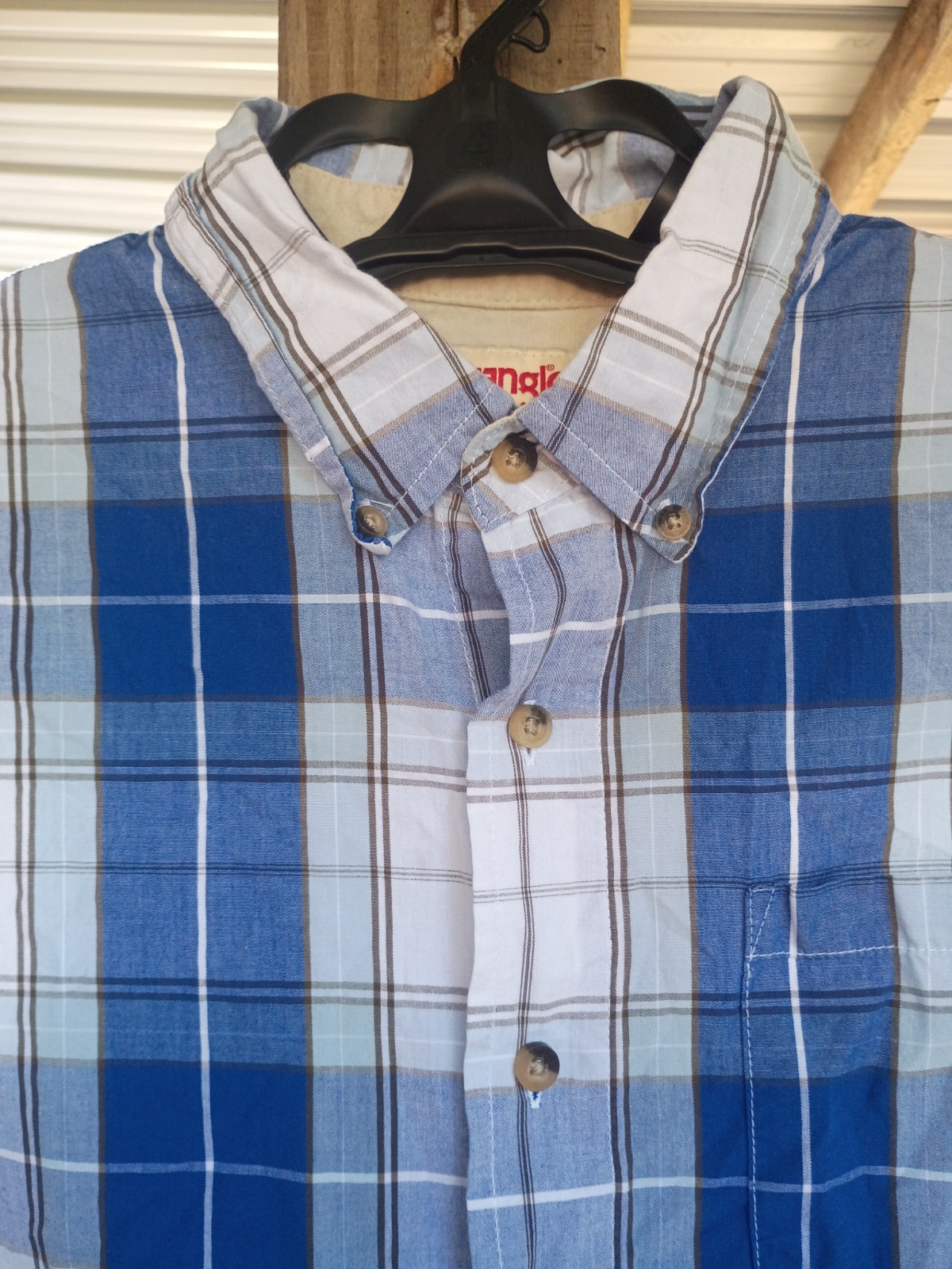 Wrangler Authentics Mens Medium Blue Plaid Button Up Shirt Short Sleeve...