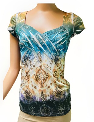 Y2K Moa Moa Top Sz Small -Cutout Back -Cap Sleeve Top -Gold Blue Spandex Blend