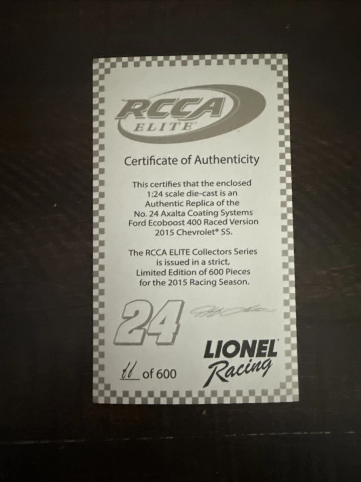 2015 Jeff Gordon Axalta Homestead Raced Version #24 Chevrolet 1:24 Elite Diecast - Image 4 of 4