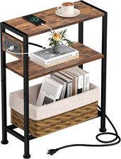 Small Narrow Side Table with Charging Station, Skinny End Table for Small Spaces