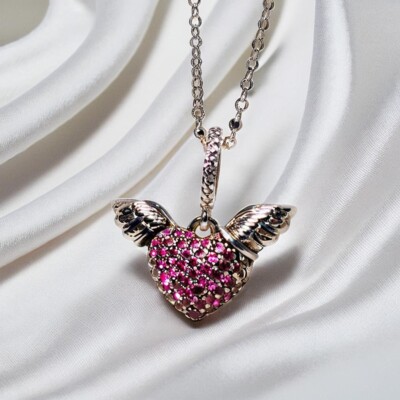 Heart & Angel Wings Necklace, Pink Sparkly Stones, Heart Pendant, 45cm Chain