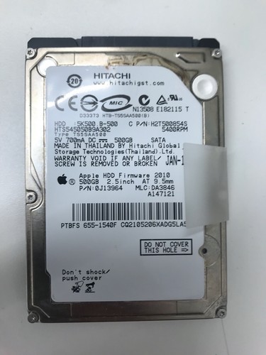 Hitachi HTS545050B9A302 PN:0J13964 MLC:DA3846 Apple#655-1540F 500gb Sata HDD mac