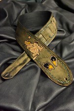 Guitar strap leather tooled all hand made in USA Black Crowes 3.5" blue border