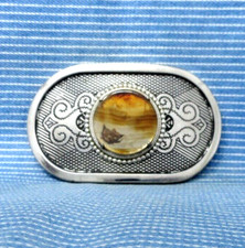 Western Banded Agate Belt Buckle Classic Scroll Cowboy Cowgirl Vtg 80s  .TYC894