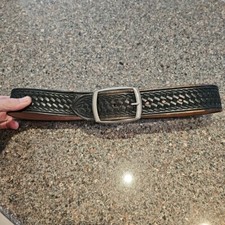 Triple K Black Leather Embossed Basketweave Silver Buckle Work Uni Belt Sz 30