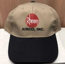 Vintage Rheem Airco Inc HVAC Trucker Hat Tan Mesh Cap Adjustable Strap Vitronic