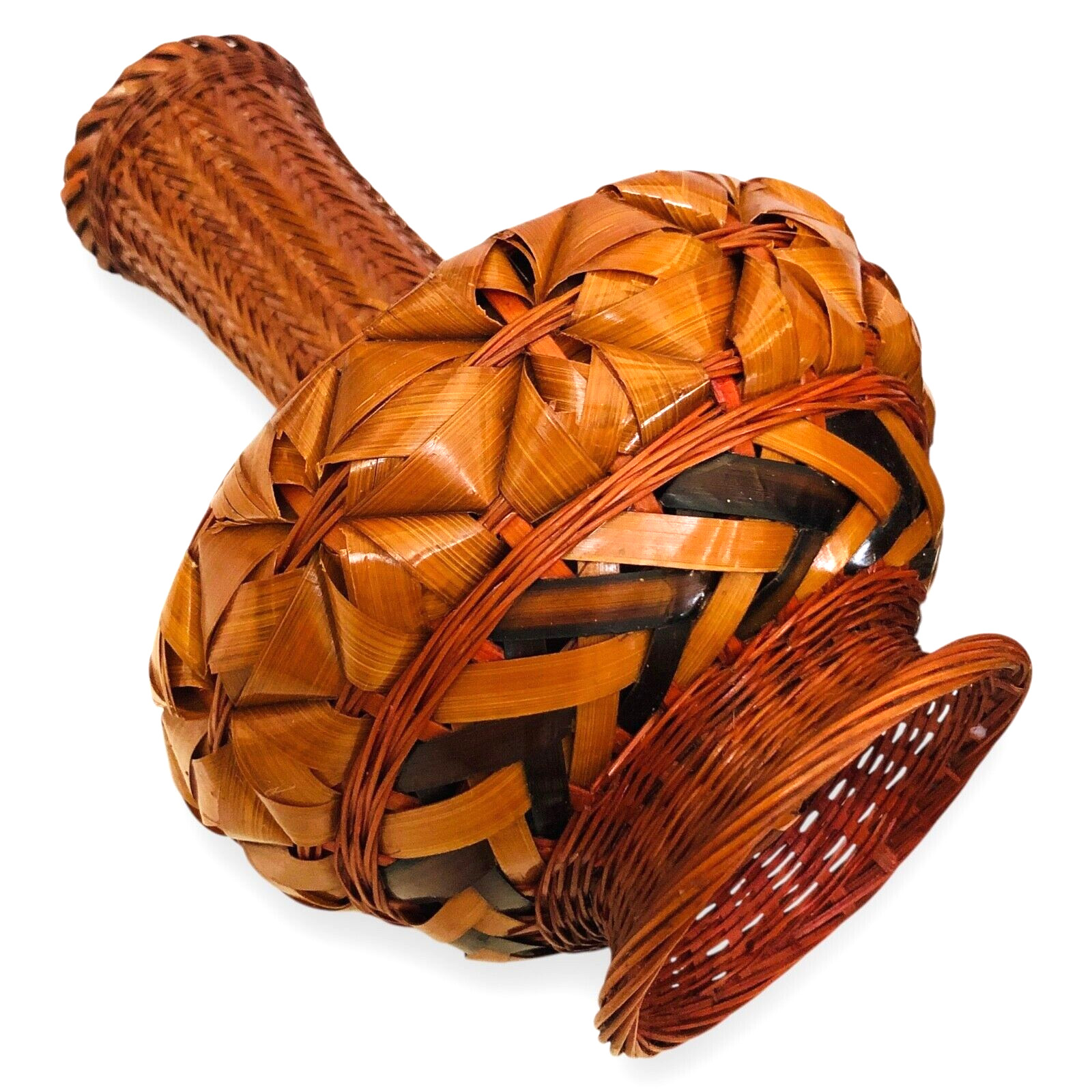 Japanese Bamboo Wicker Ikabena Vase Handcrafted Lacquer Boho Rustic Style V41