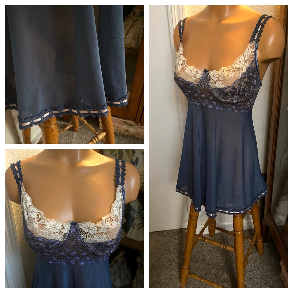 COQUETTE GREY STRETCHY MESH & PINK LACE TRIM BABYDOLL NIGHTGOWN SZ M - Image 2 of 4