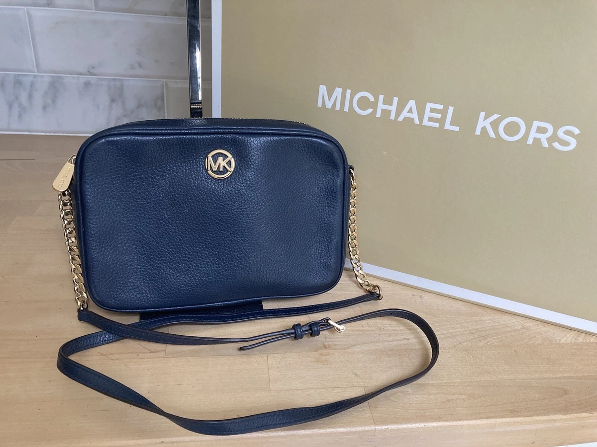 MICHAEL KORS FULTON NAVY LEATHER MESSENGER CROSSBODY CAMERA SIDE BAG GOLD CHAIN