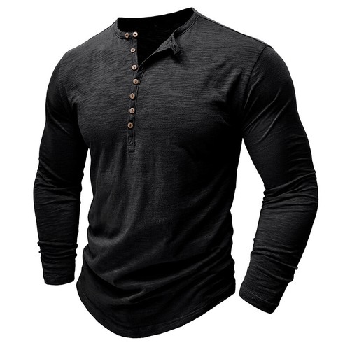 Camisa Henley de Algodón para Hombres Retro Manga Larga Camiseta Botón Lavado Cuello en V Prendas para el torso - Imagen 30 de 80