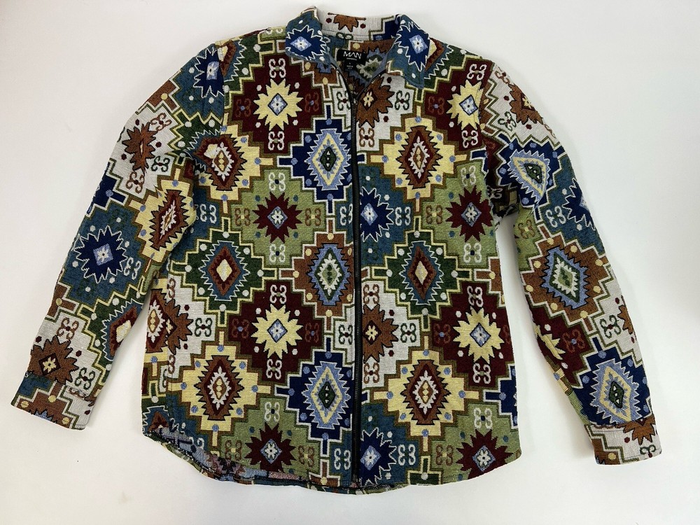 Men's Boohooman Aztec Patterned Tapestry Overshirt Jacket Full-Zip Size L