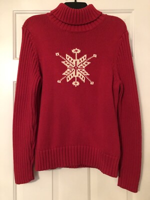 Lands End Heavy Knit Turtle Neck Red Snowflake Sweater Women’s Medium