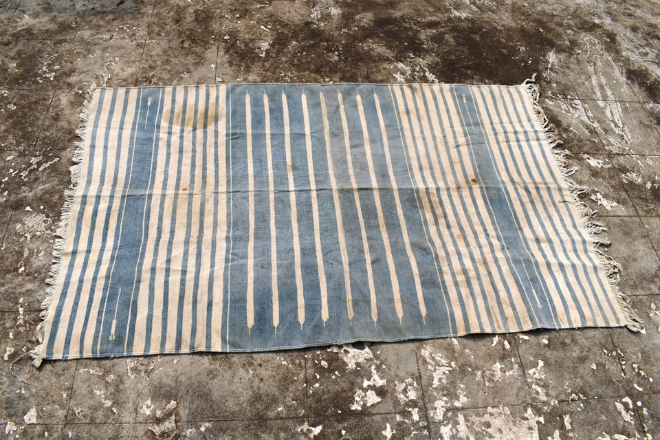 Antique Carpet Dhurries Dhurrie Indian Long Blue And White Stripe Dhurrie Old"17 — 第 2/4 张图片