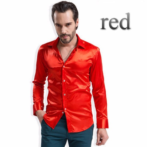 1X Men Faux Silk Satin Shirt Casual Top 