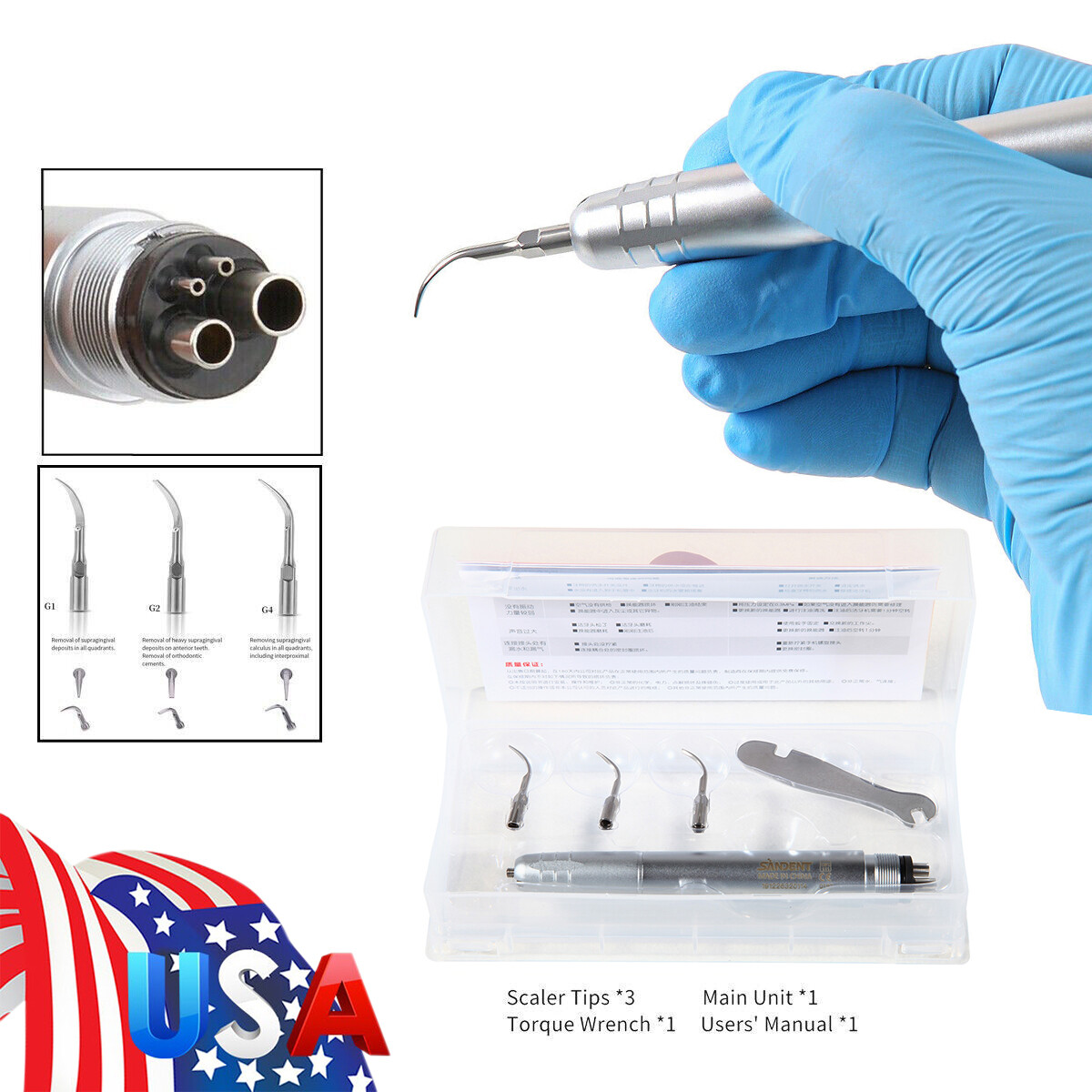 Dental Ultrasonic Air Perio Scaler Handpiece Hygienist 4Hole+3 Tips Ultrasonido Dentists in