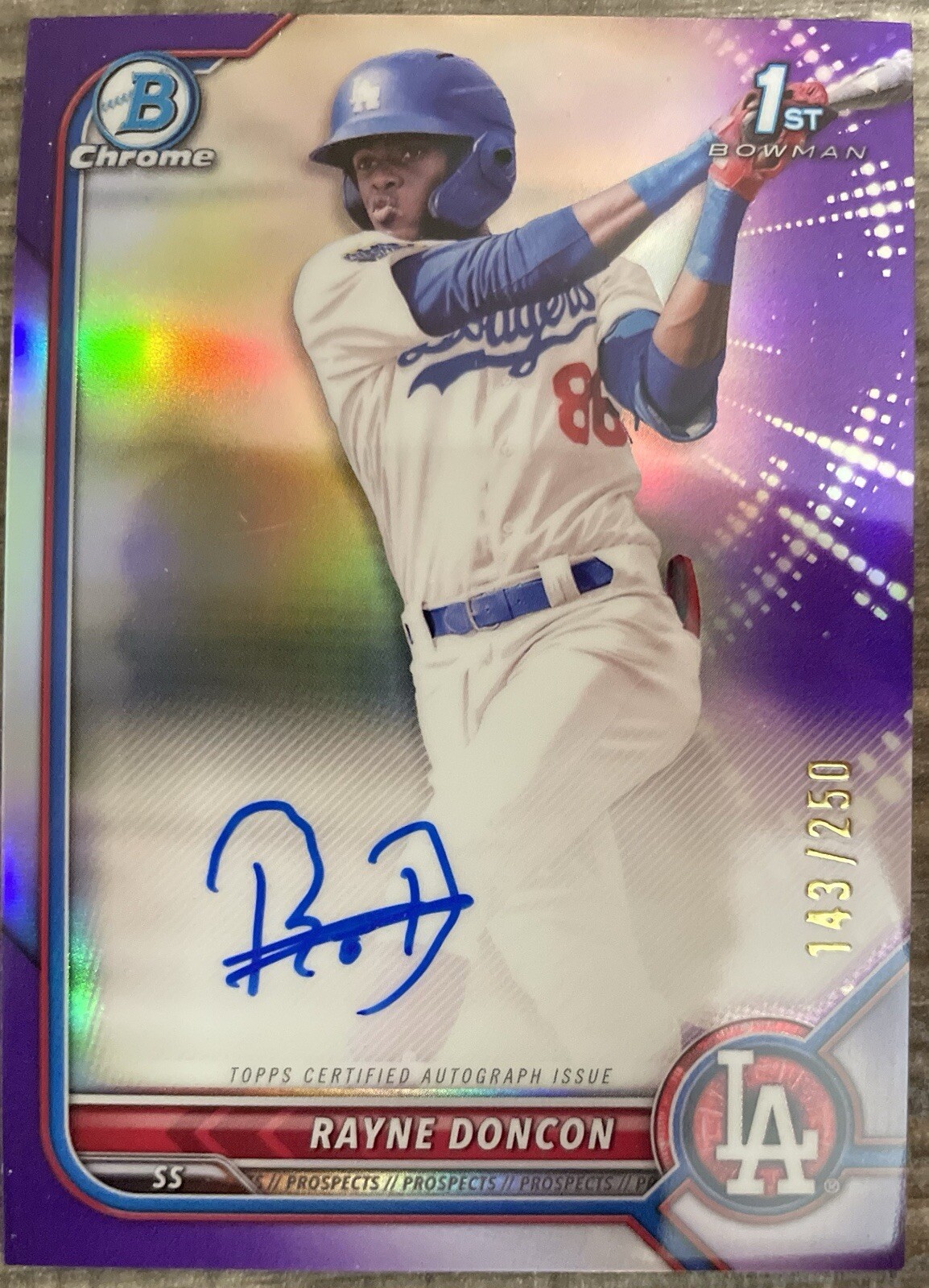 Rayne Doncon 2022 Bowman Chrome 1st Purple Refractor Auto/250 Twins Dodgers
