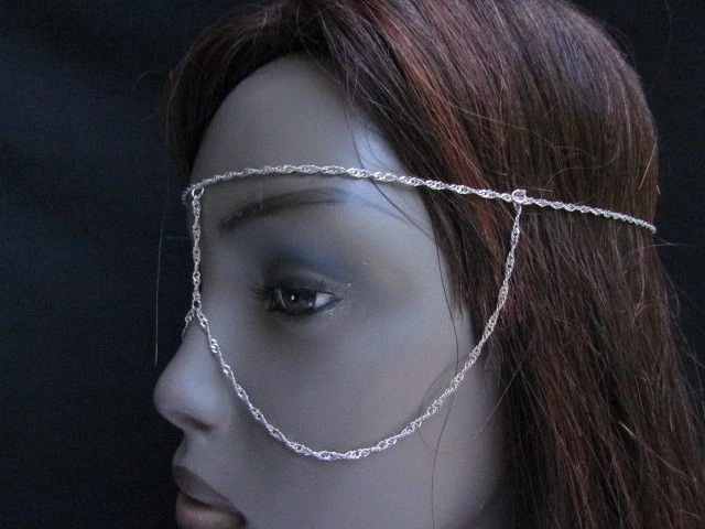 Donna Metallo Argento Maschera Lungo Testa Catena Moda Oreficeria Sole Eye Cover - Immagine 3 di 4