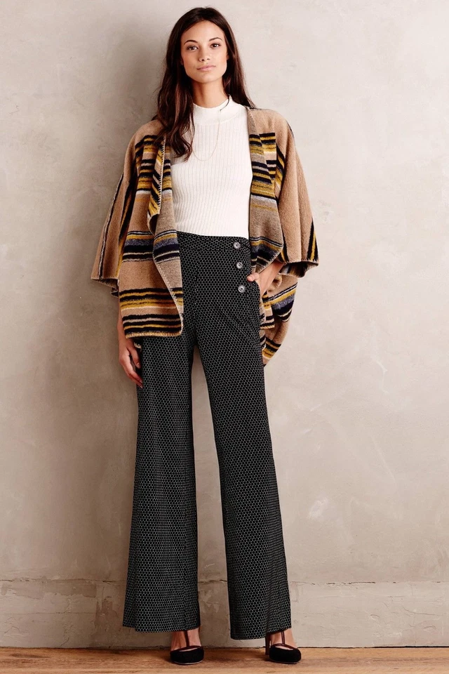 Pantalones Anthropologie Elevenses Kingsland 00P Negro Blanco Punto Pierna Ancha Marinero