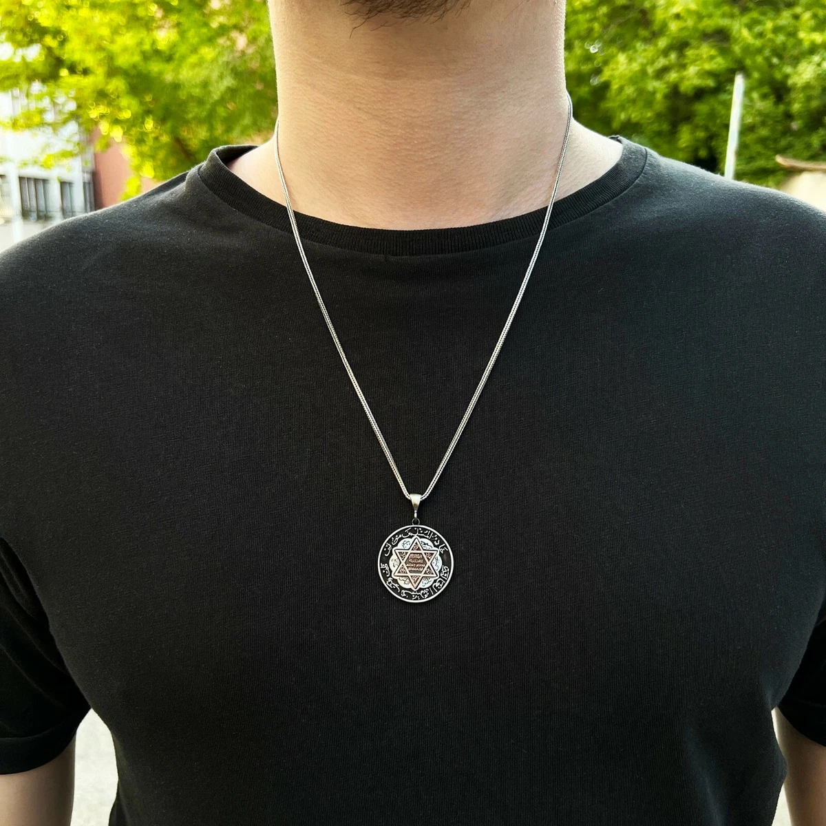 Solid 925 Sterling Silver Seal of Solomon Men's Necklace with Foxtail Chain